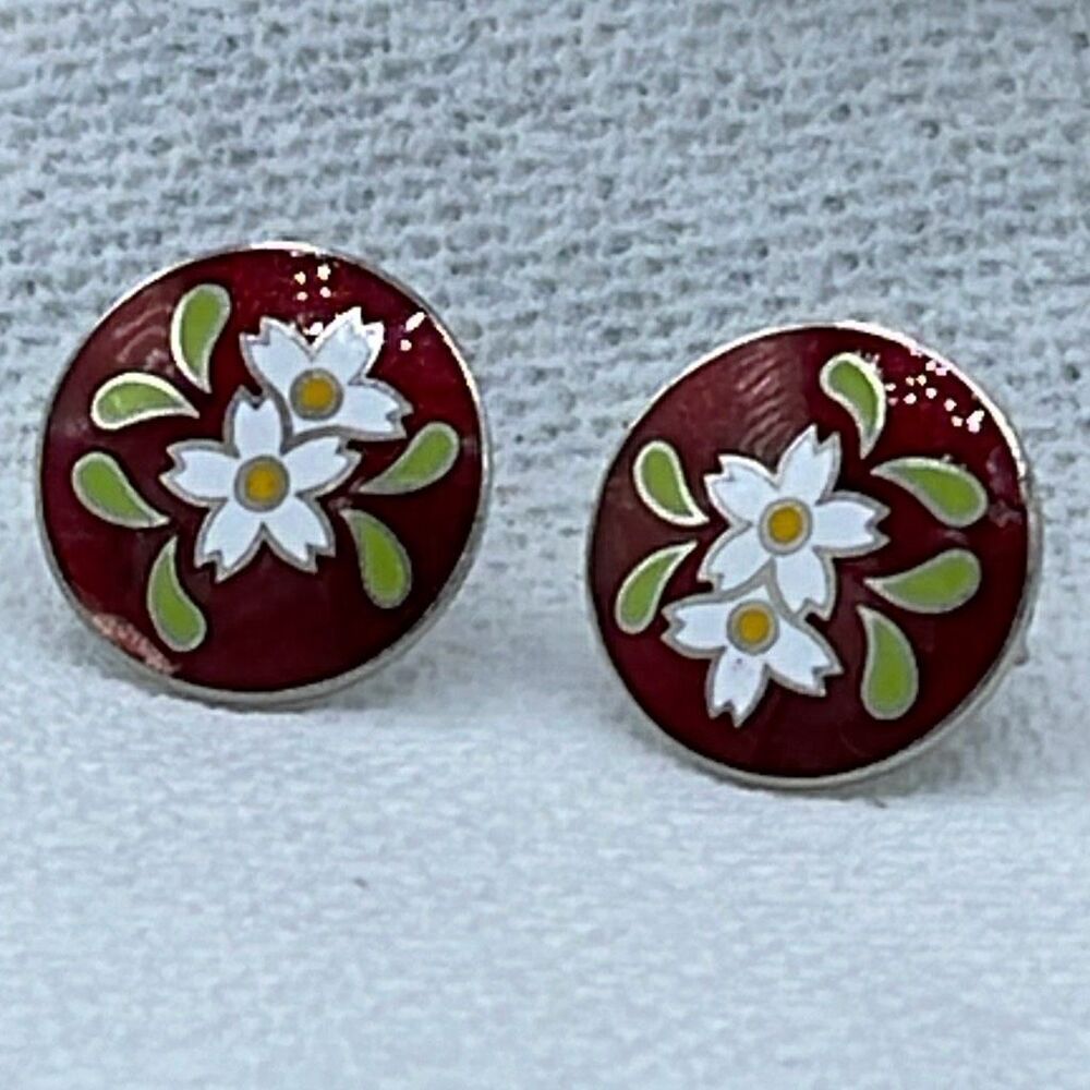 VTG Cloisonné red with flower screw back earrings